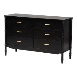 Baxton Studio Marisela Black Wood Dresser with Drawers - Bamboo-Inspired Legs and Brass Handles, 6-Drawer Modern Transitional Bedroom Storage Unit